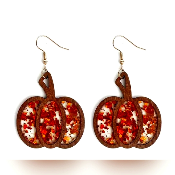 21. Wooden Pumpkin Drop Earrings with Acrylic Glitter Vintage & Minimalist Style - Picture 1 of 4